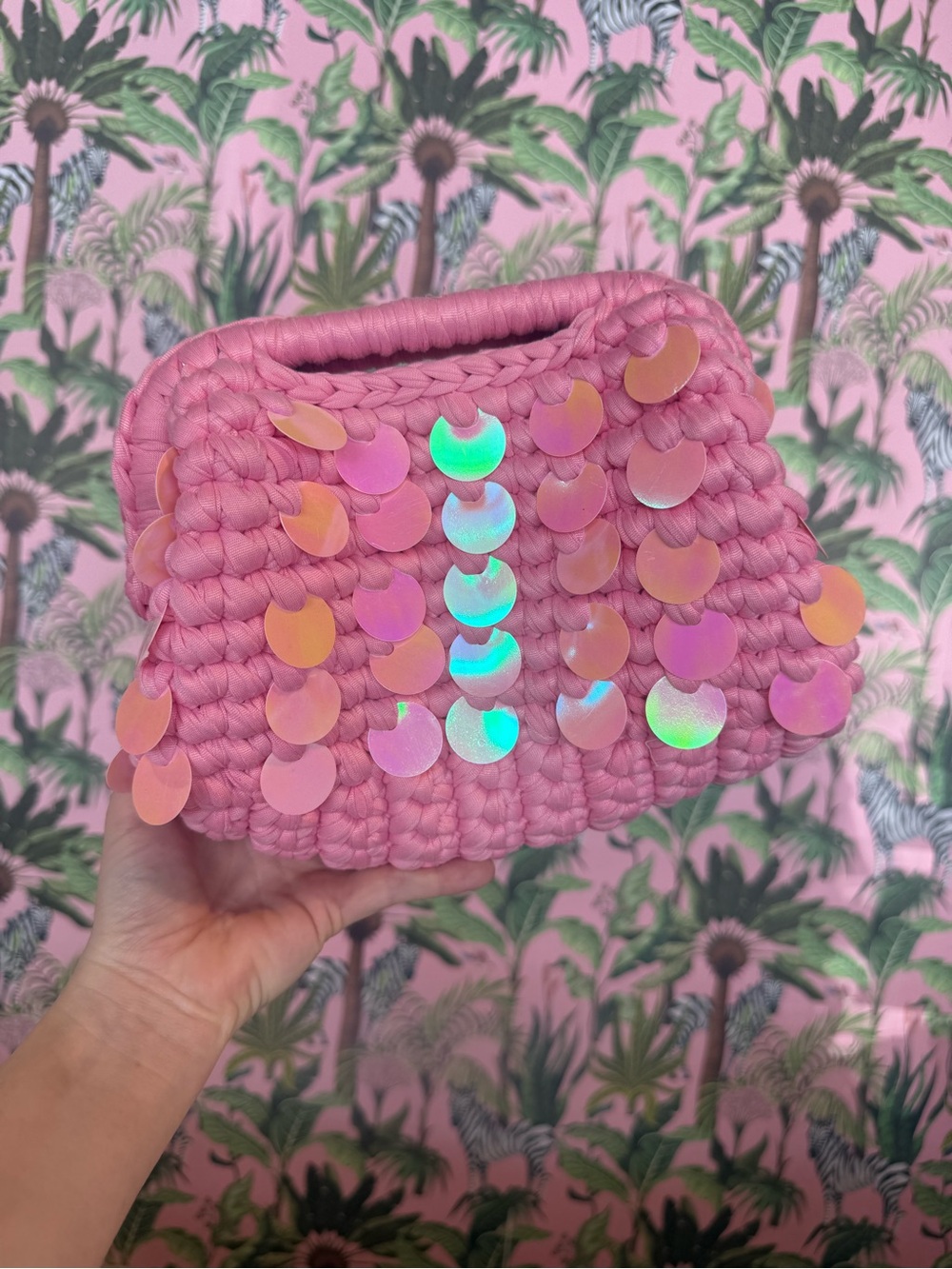 Pink Sequin Crochet Wristlet Clutch